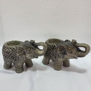 Pair of Grey Ceramic Elephant Tealight Candle Holder figurines